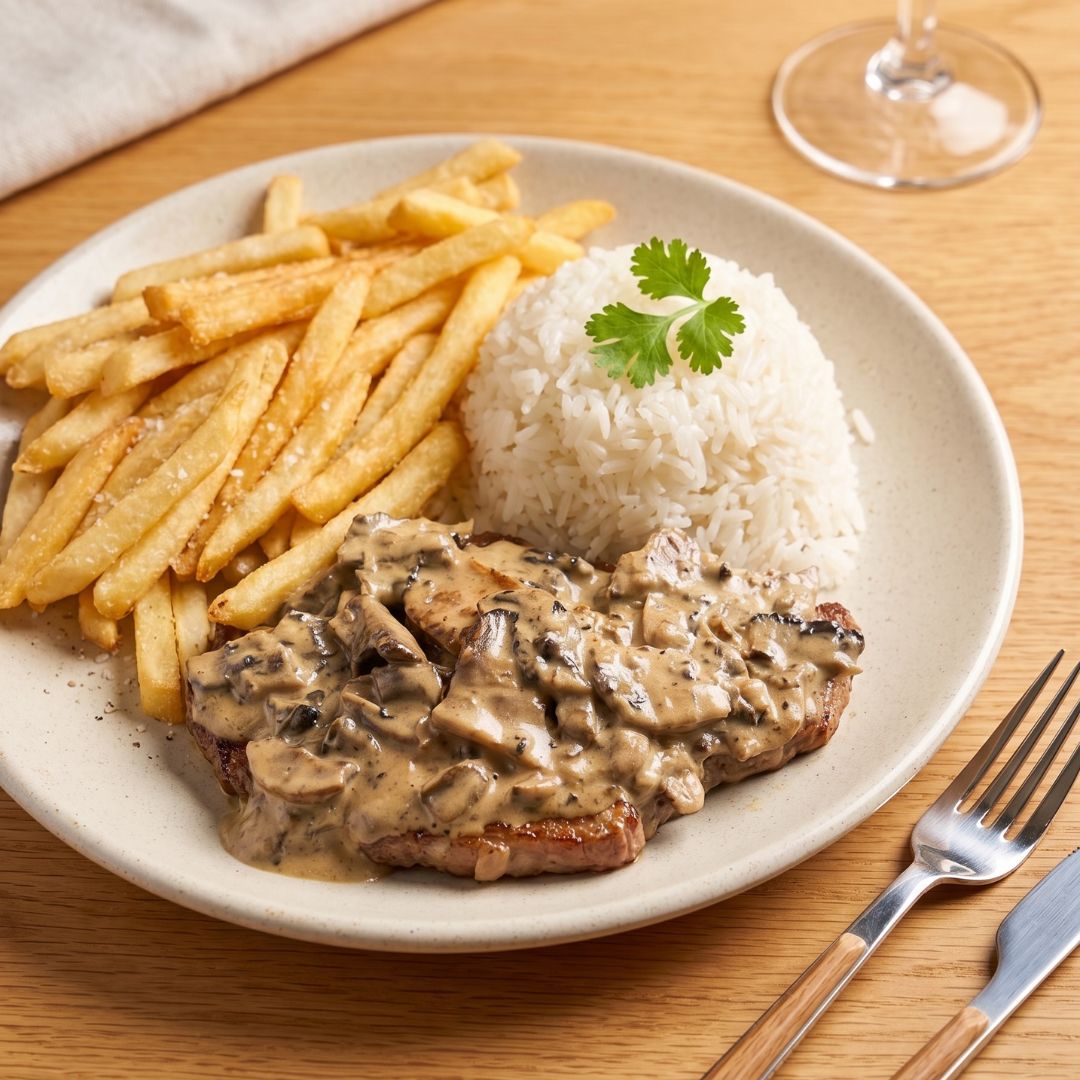 Bife com molho de cogumelos